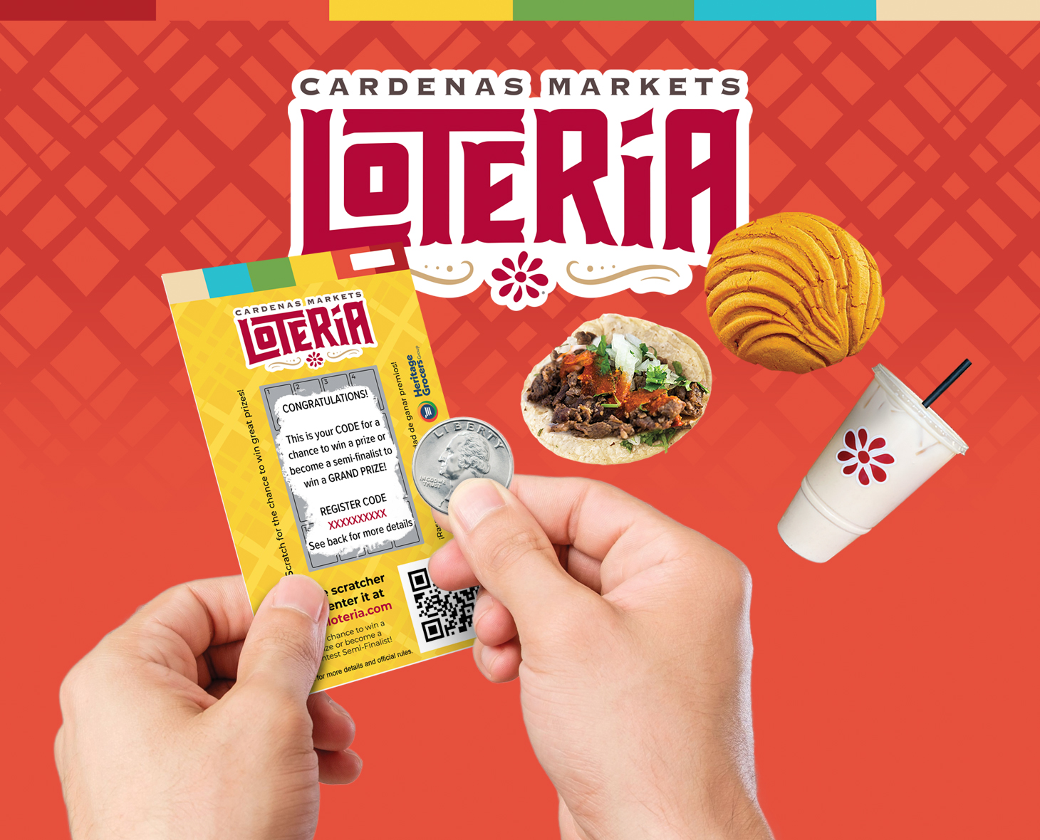 Cardenas Loteria hero image showing a scratcher and prizes floating around the scratcher with the Loteria logo in the background